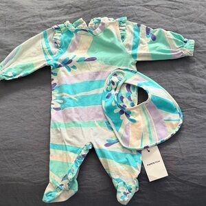 Emilio Pucci Striped Floral Footie and Bib in Aqua, Lavender & Cream